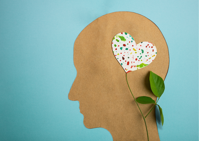 recorte de papel pardo em forma de rosto, com um raminho de flor onde as pétalas são um coração de pano, ilustra artigo sobre saúde mental e saúde ocular