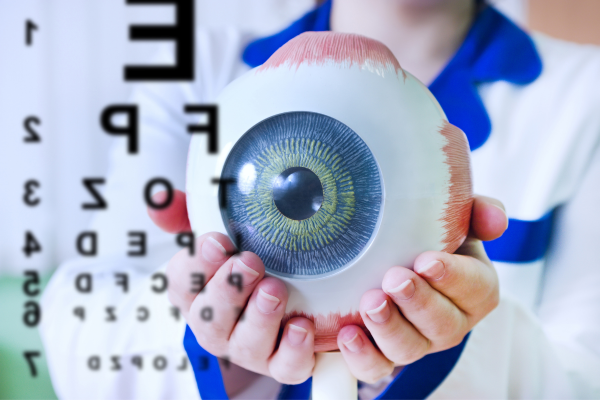 mulher de jaleco segura prótese ocular grande, de amostra, para ilustrar artigo sobre glaucoma secundário